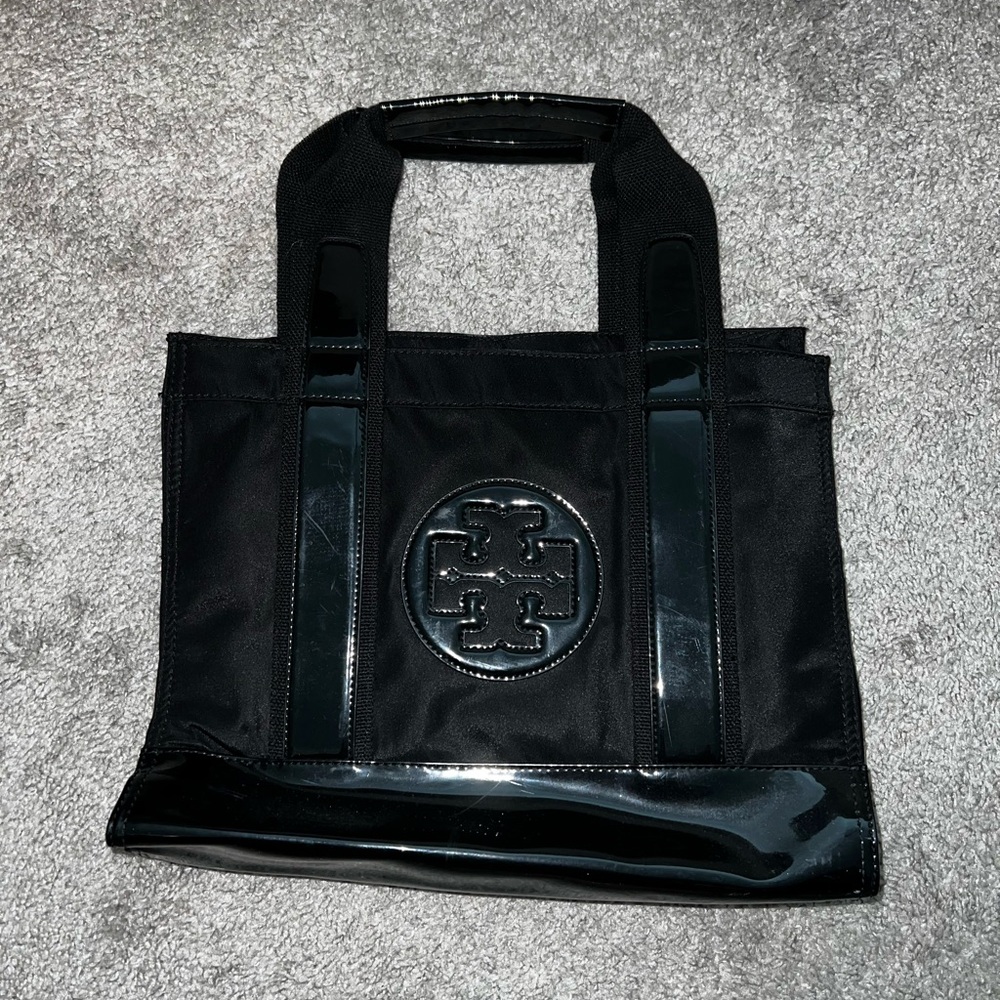 Tory Burch Mini Black Tote Bag with Glossy Accents
